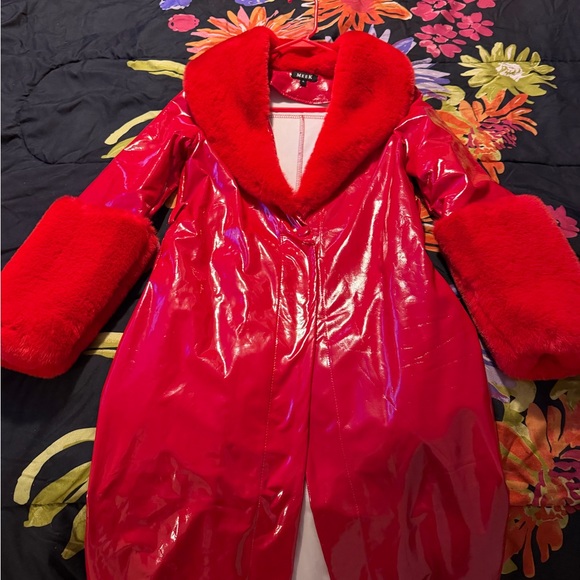 Vibrant Red Faux Fur Trimmed Trench Coat - Picture 3 of 3